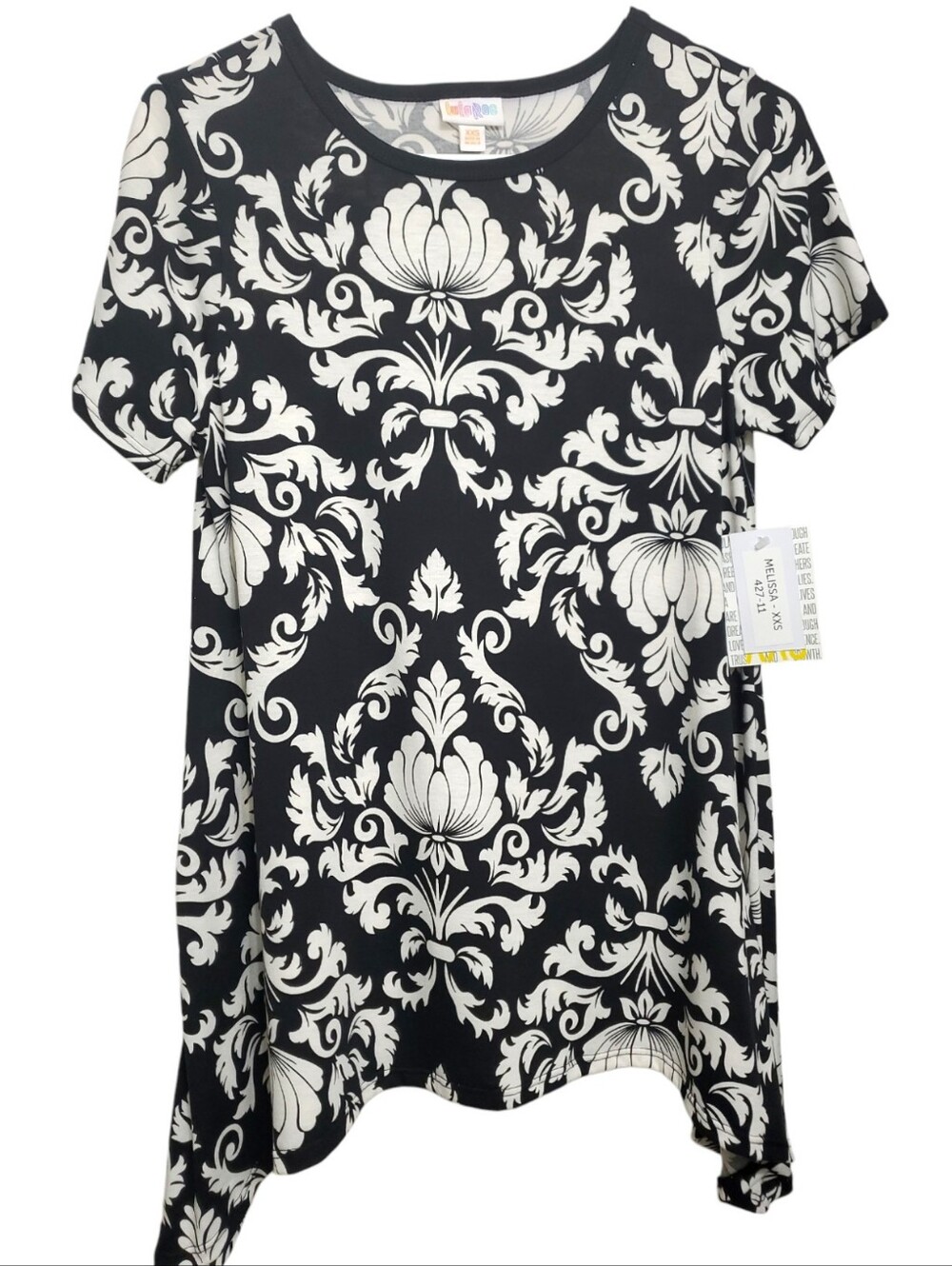 LuLaRoe Black and White Floral Damask Short Sleeve Tunic Women XXS